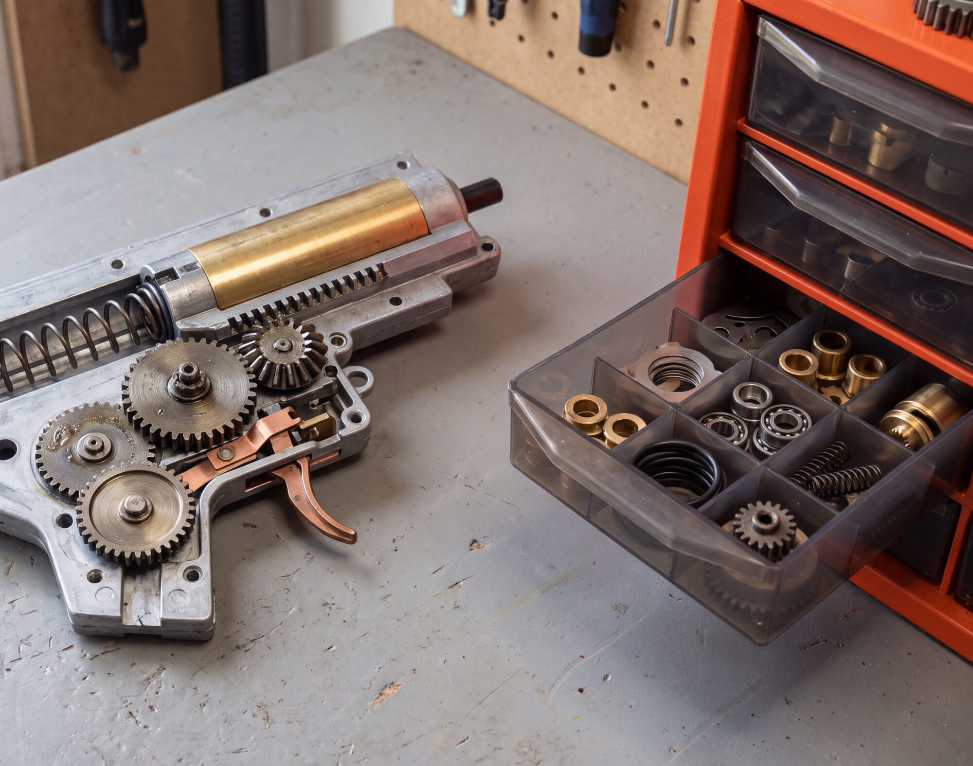 Gear-box V2 di una softair aperto su un banco da lavoro, accanto a una cassettiera arancio con un cassetto sfilato pieno di boccole, cuscinetti, molle e O-ring